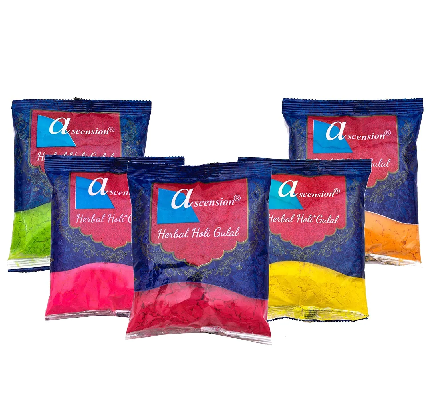 Ascension Natural Holi Gulal Colour & Rangoli Colors - Orange, Yellow, Red, Green and Pink Tesu Flower, Rose Petals, Marigold, Maize Starch, Food Colour - Pack of 5 (80gm x 5)