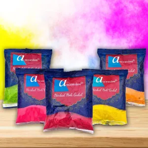 Ascension Natural Holi Gulal Colour & Rangoli Colors - Orange, Yellow, Red, Green and Pink Tesu Flower, Rose Petals, Marigold, Maize Starch, Food Colour - Pack of 5 (80gm x 5)