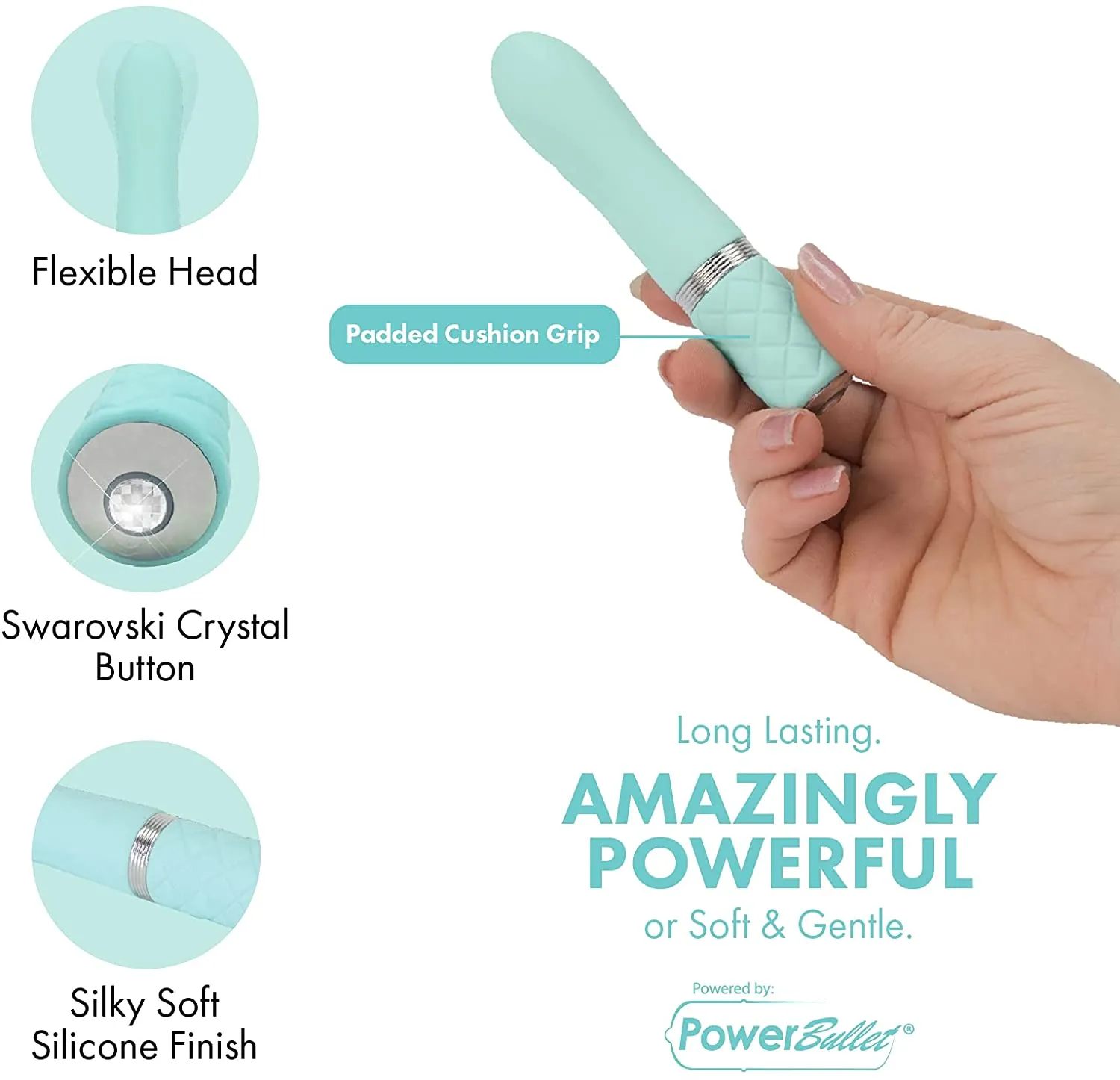 Pillow Talk FLIRTY Powerful Rechargeable Mini Bullet Vibrator with Swarovski Crystal Teal Tiffany Blue