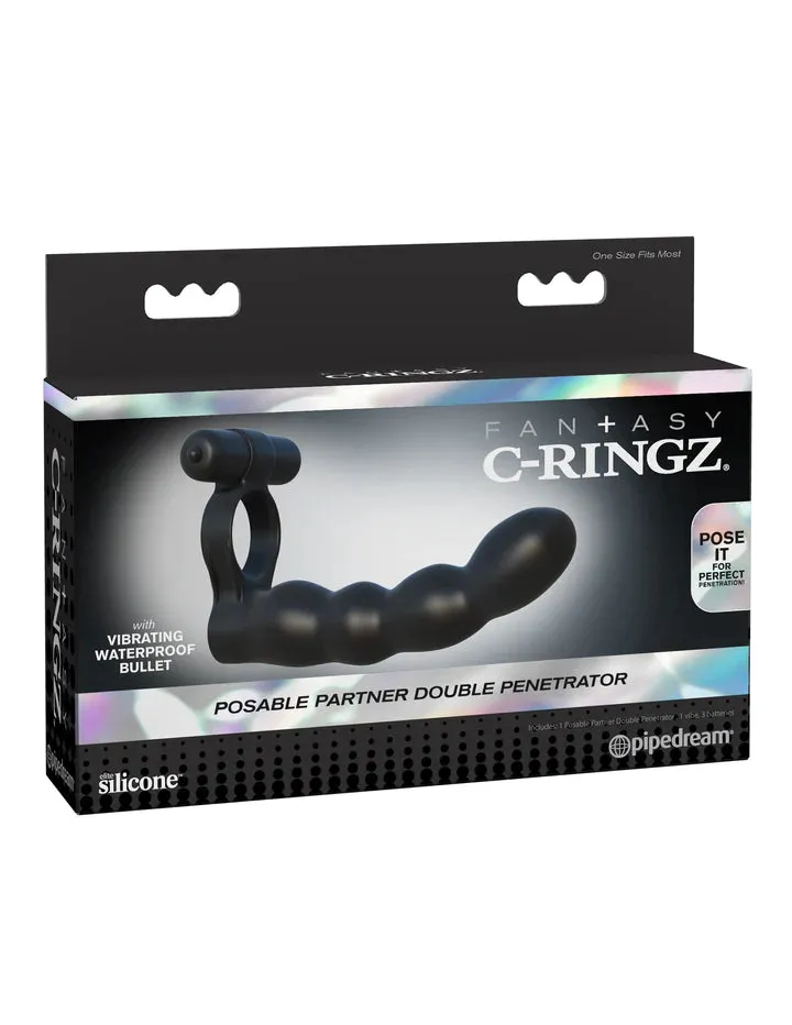 Pipedream Fantasy C-Ringz Posable Partner Double Penetrator Black Vibrating Double Penetrator Cock Ring