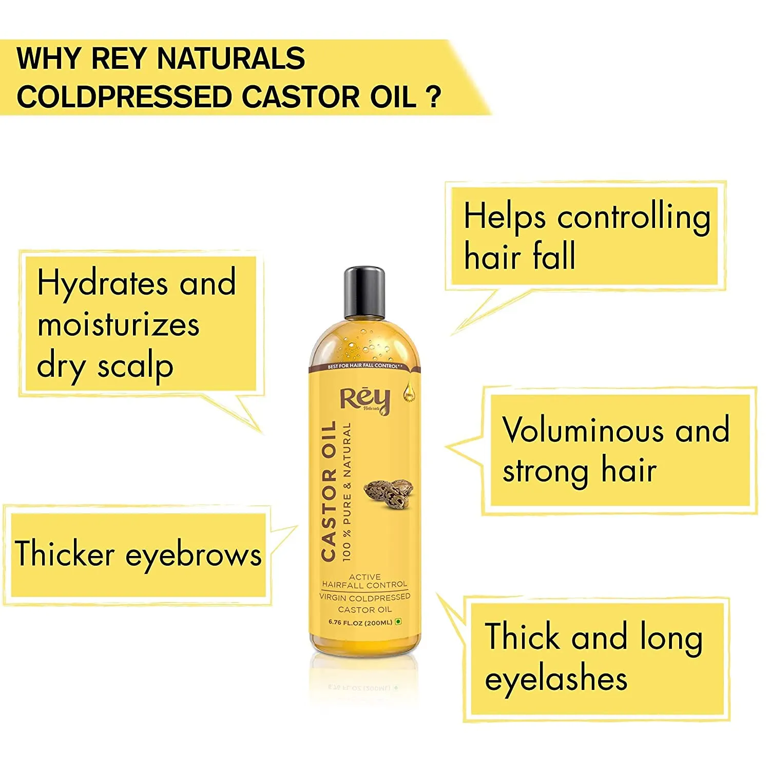 Rey Naturals Castor Oil for Skin Care, Hair Growth (Arandi Oil) | Premium Cold Pressed | Pure & Virgin Grade - 200 ML (Castor Jojoba Tea Tree Combo)