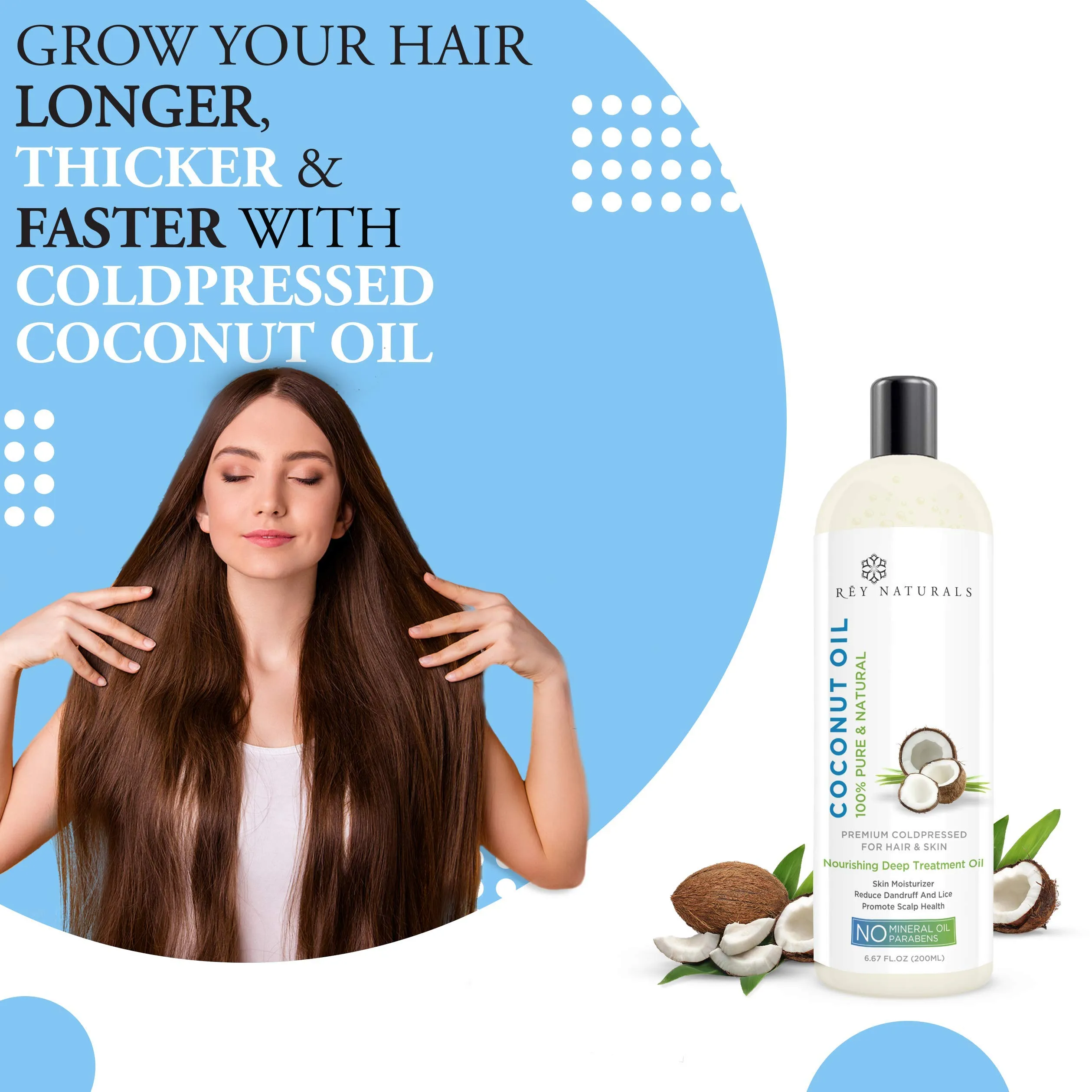 Rey Naturals Cold Pressed Coconut Oil & Sweet Almond Oil - for hair & skin - 200ml   200ml