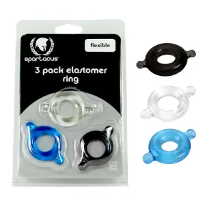 Spartacus Elastomer Stretch to Fit Flexible Cock Rings 3 Pack Blue Black Clear