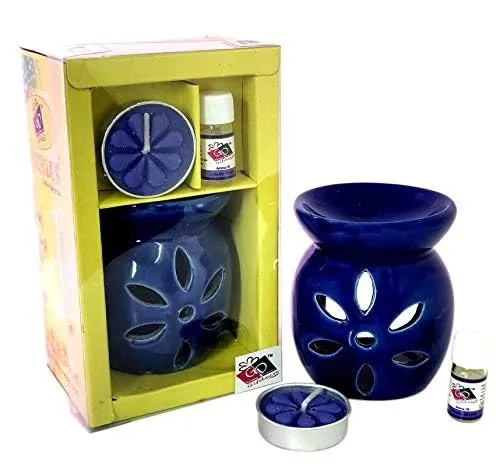 The Decor Affair 1 Pcs Mystical Aura Lavender Infusion Collection - Celestial Blue Porcelain Tea Light Sanctuary, Aromatic Oil Diffusion Enigma, and Eternal Wax Fusion Luminary.